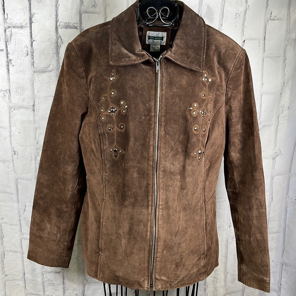 Lake Matley Suede Jacket Pockets Brown Full Zip Front Studded Embroidered Design